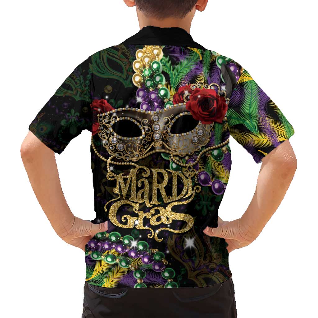 Mardi Gras 2025 Family Matching Short Sleeve Bodycon Dress and Hawaiian Shirt Beadeds With Gorgeous Mask - Wonder Print Shop