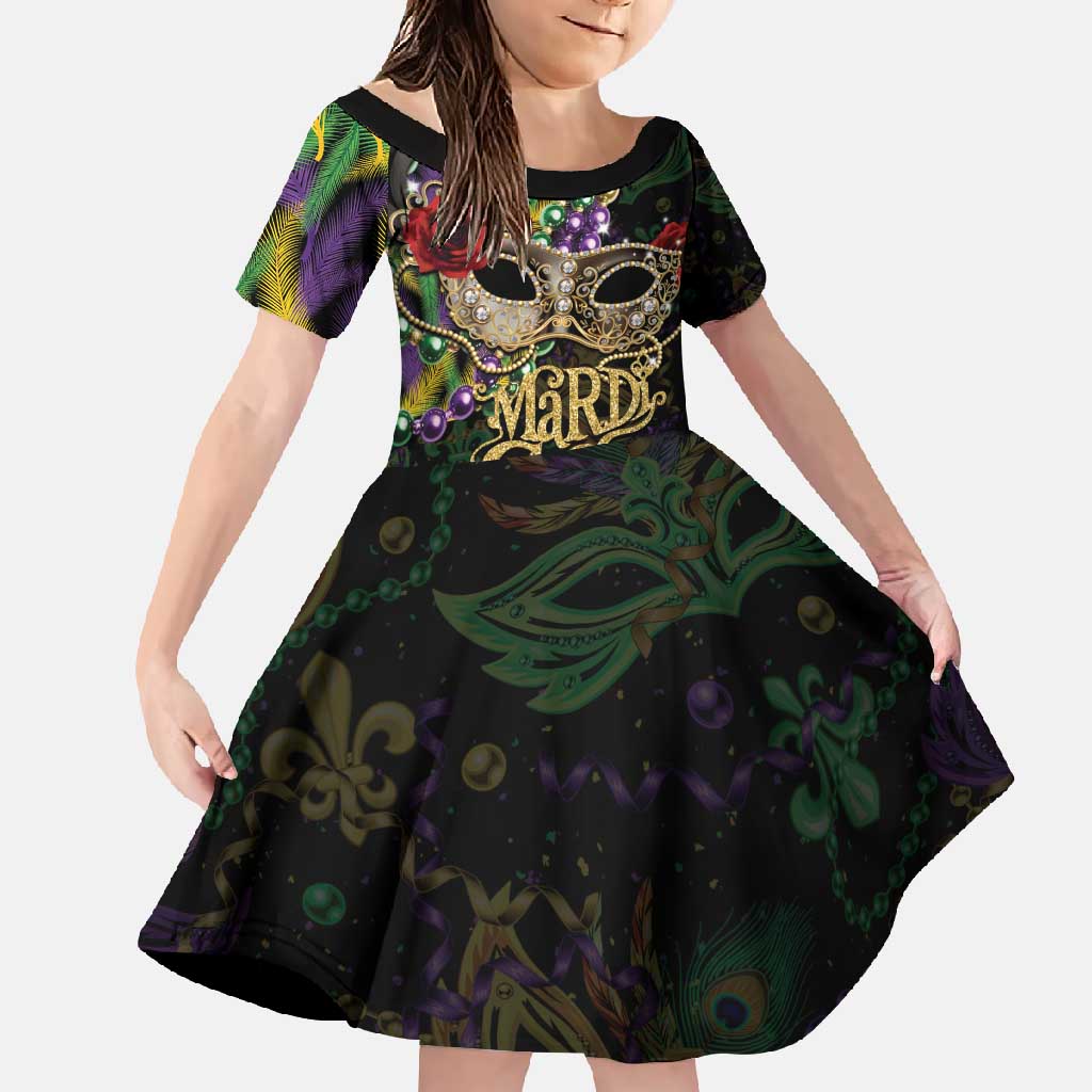 Mardi Gras 2025 Family Matching Short Sleeve Bodycon Dress and Hawaiian Shirt Beadeds With Gorgeous Mask - Wonder Print Shop