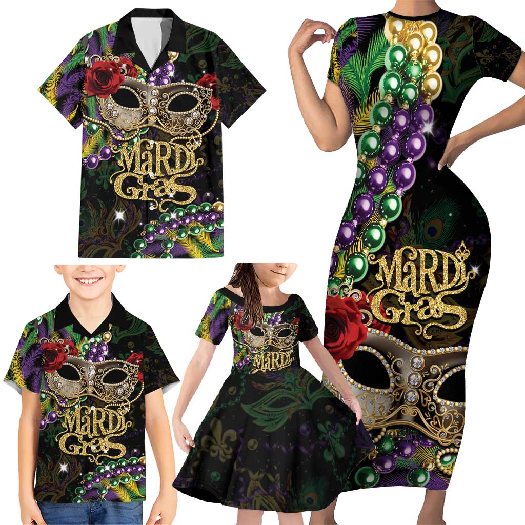 Mardi Gras 2025 Family Matching Short Sleeve Bodycon Dress and Hawaiian Shirt Beadeds With Gorgeous Mask - Wonder Print Shop