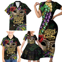 Mardi Gras 2025 Family Matching Short Sleeve Bodycon Dress and Hawaiian Shirt Beadeds With Gorgeous Mask - Wonder Print Shop