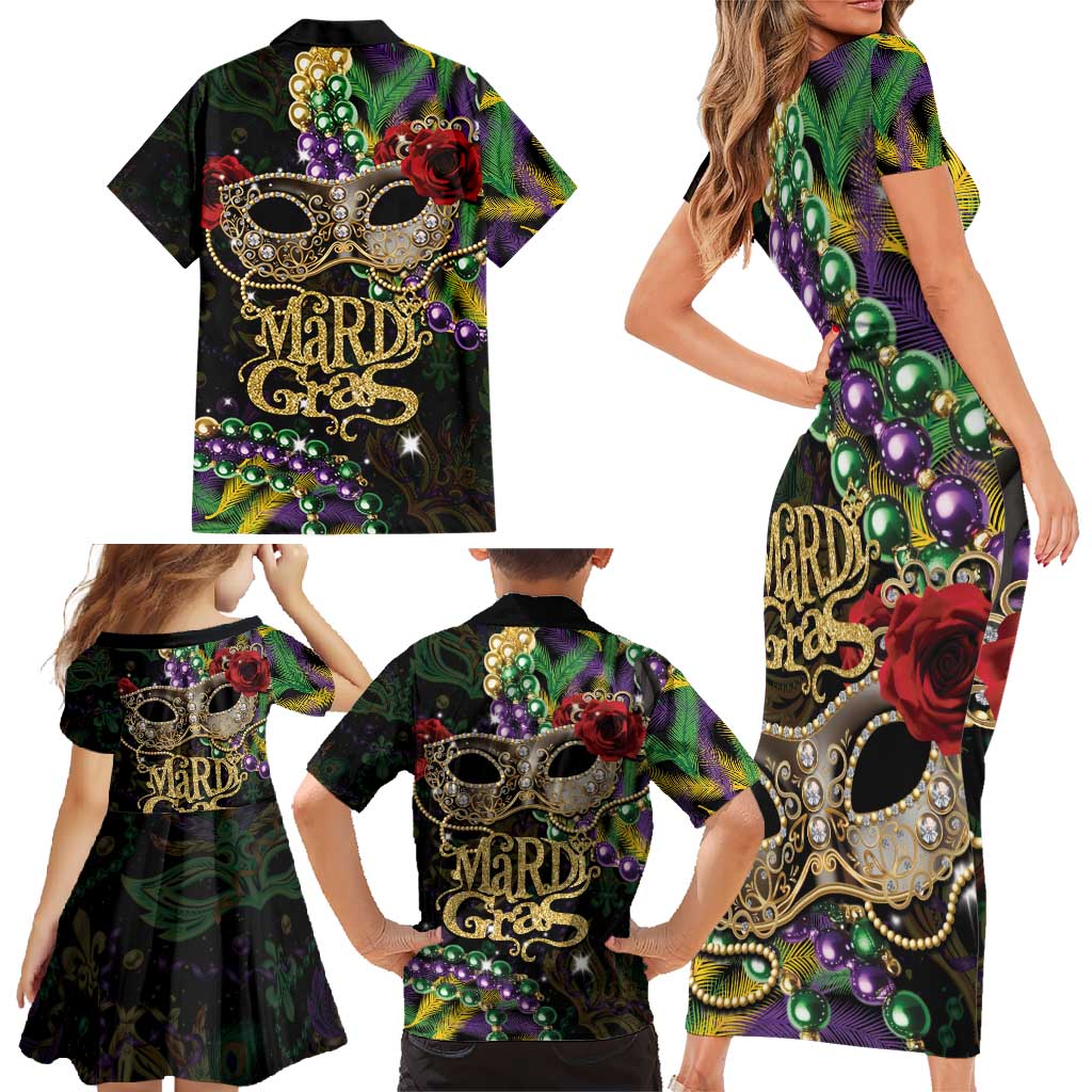 Mardi Gras 2025 Family Matching Short Sleeve Bodycon Dress and Hawaiian Shirt Beadeds With Gorgeous Mask - Wonder Print Shop