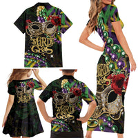 Mardi Gras 2025 Family Matching Short Sleeve Bodycon Dress and Hawaiian Shirt Beadeds With Gorgeous Mask - Wonder Print Shop