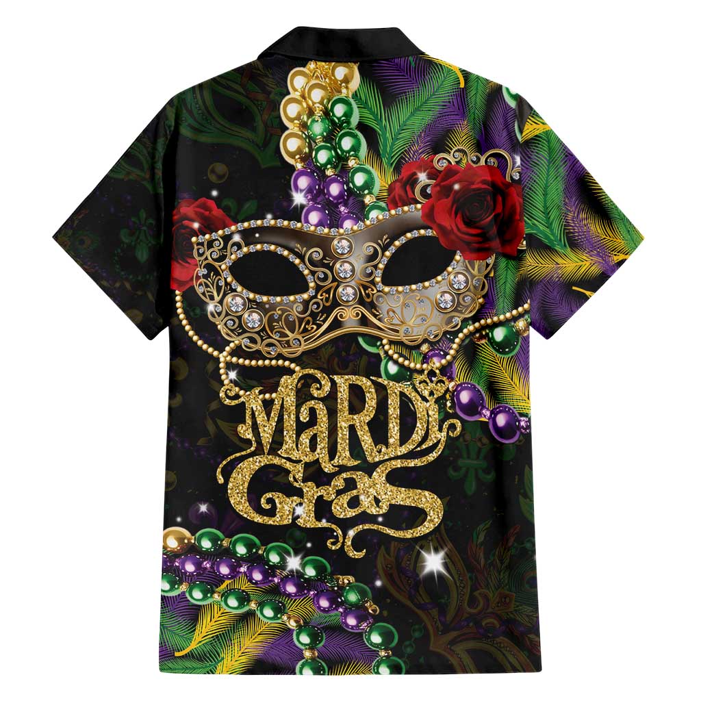 Mardi Gras 2025 Family Matching Short Sleeve Bodycon Dress and Hawaiian Shirt Beadeds With Gorgeous Mask - Wonder Print Shop