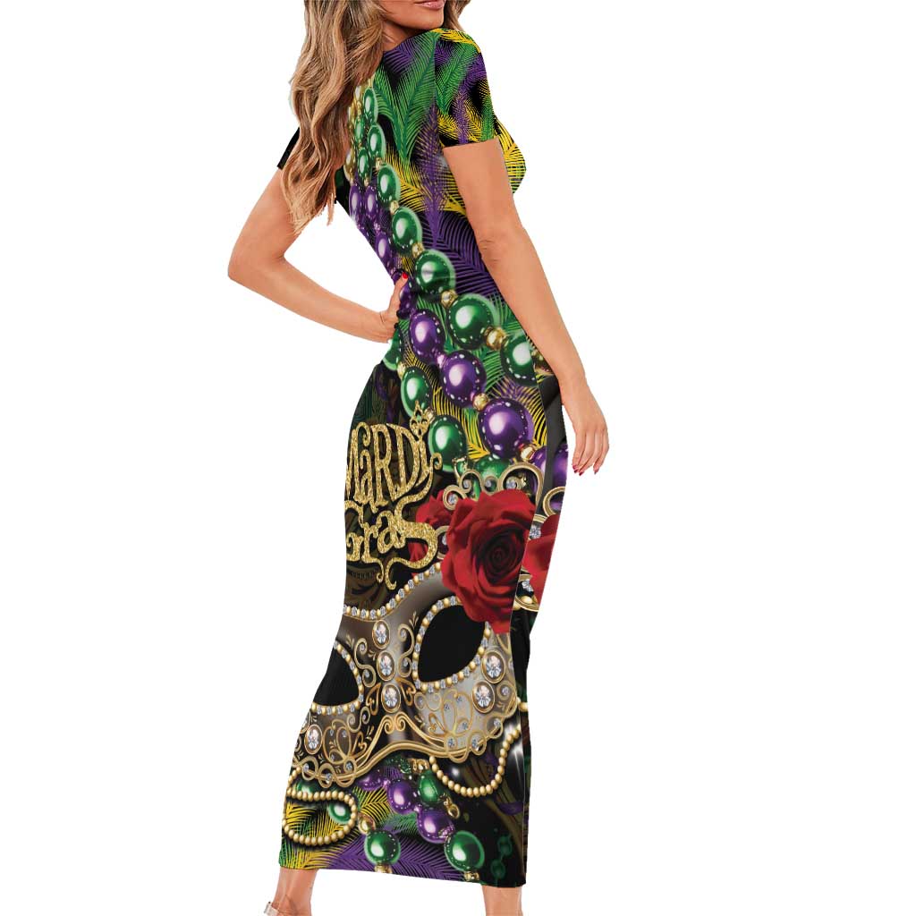 Mardi Gras 2025 Family Matching Short Sleeve Bodycon Dress and Hawaiian Shirt Beadeds With Gorgeous Mask - Wonder Print Shop