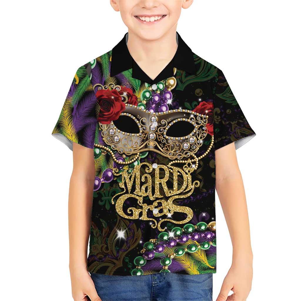 Mardi Gras 2025 Family Matching Short Sleeve Bodycon Dress and Hawaiian Shirt Beadeds With Gorgeous Mask - Wonder Print Shop