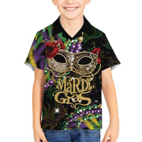 Mardi Gras 2025 Family Matching Short Sleeve Bodycon Dress and Hawaiian Shirt Beadeds With Gorgeous Mask - Wonder Print Shop