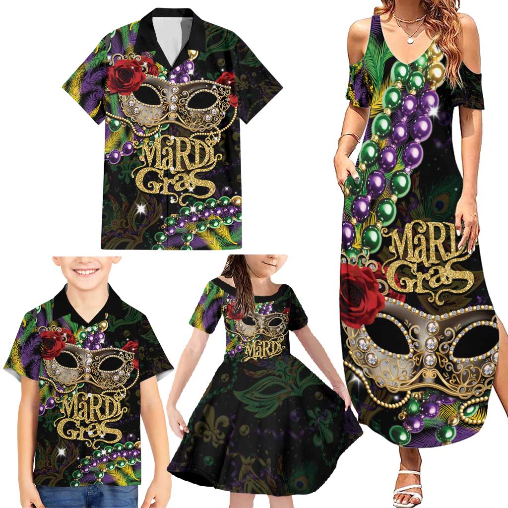 Mardi Gras 2025 Family Matching Summer Maxi Dress and Hawaiian Shirt Beadeds With Gorgeous Mask - Wonder Print Shop