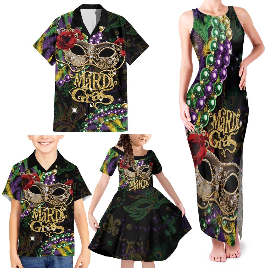 Mardi Gras 2025 Family Matching Tank Maxi Dress and Hawaiian Shirt Beadeds With Gorgeous Mask - Wonder Print Shop