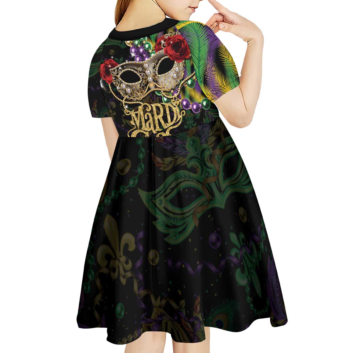 Mardi Gras 2025 Kid Short Sleeve Dress Beadeds With Gorgeous Mask - Wonder Print Shop