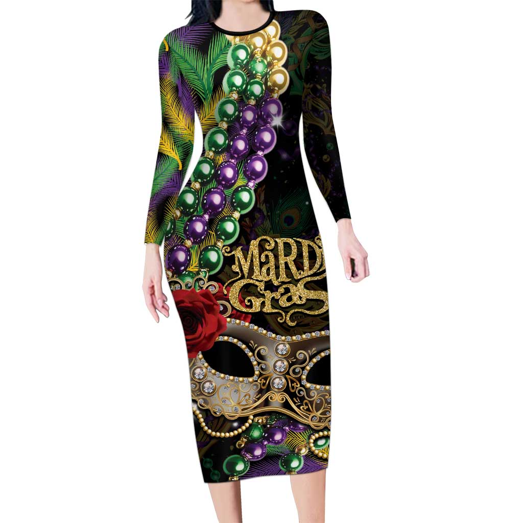 Mardi Gras 2025 Long Sleeve Bodycon Dress Beadeds With Gorgeous Mask - Wonder Print Shop