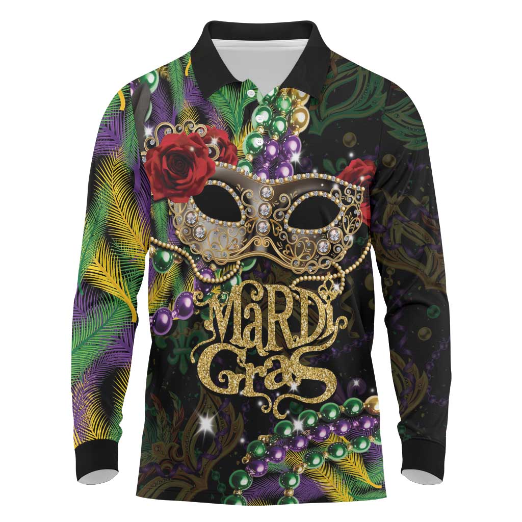 Mardi Gras 2025 Long Sleeve Polo Shirt Beadeds With Gorgeous Mask - Wonder Print Shop