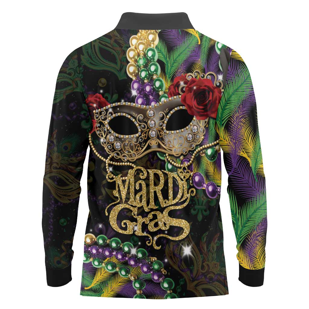 Mardi Gras 2025 Long Sleeve Polo Shirt Beadeds With Gorgeous Mask - Wonder Print Shop
