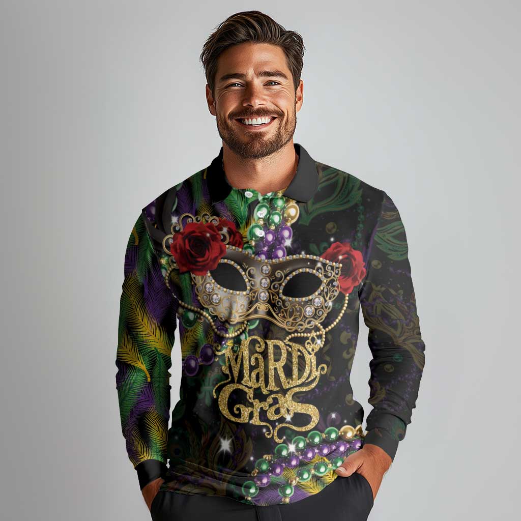 Mardi Gras 2025 Long Sleeve Polo Shirt Beadeds With Gorgeous Mask - Wonder Print Shop