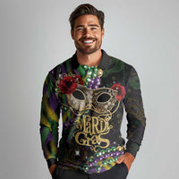 Mardi Gras 2025 Long Sleeve Polo Shirt Beadeds With Gorgeous Mask - Wonder Print Shop