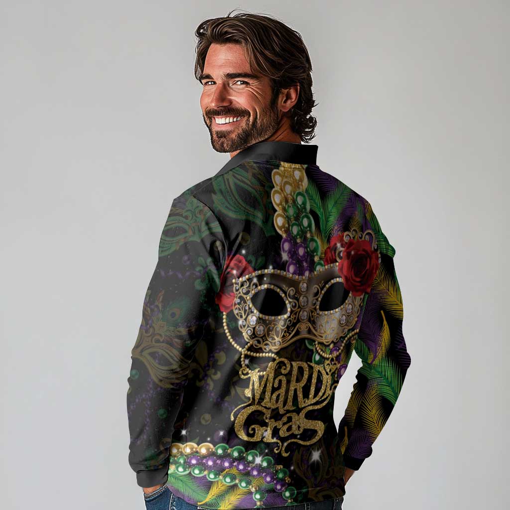 Mardi Gras 2025 Long Sleeve Polo Shirt Beadeds With Gorgeous Mask - Wonder Print Shop