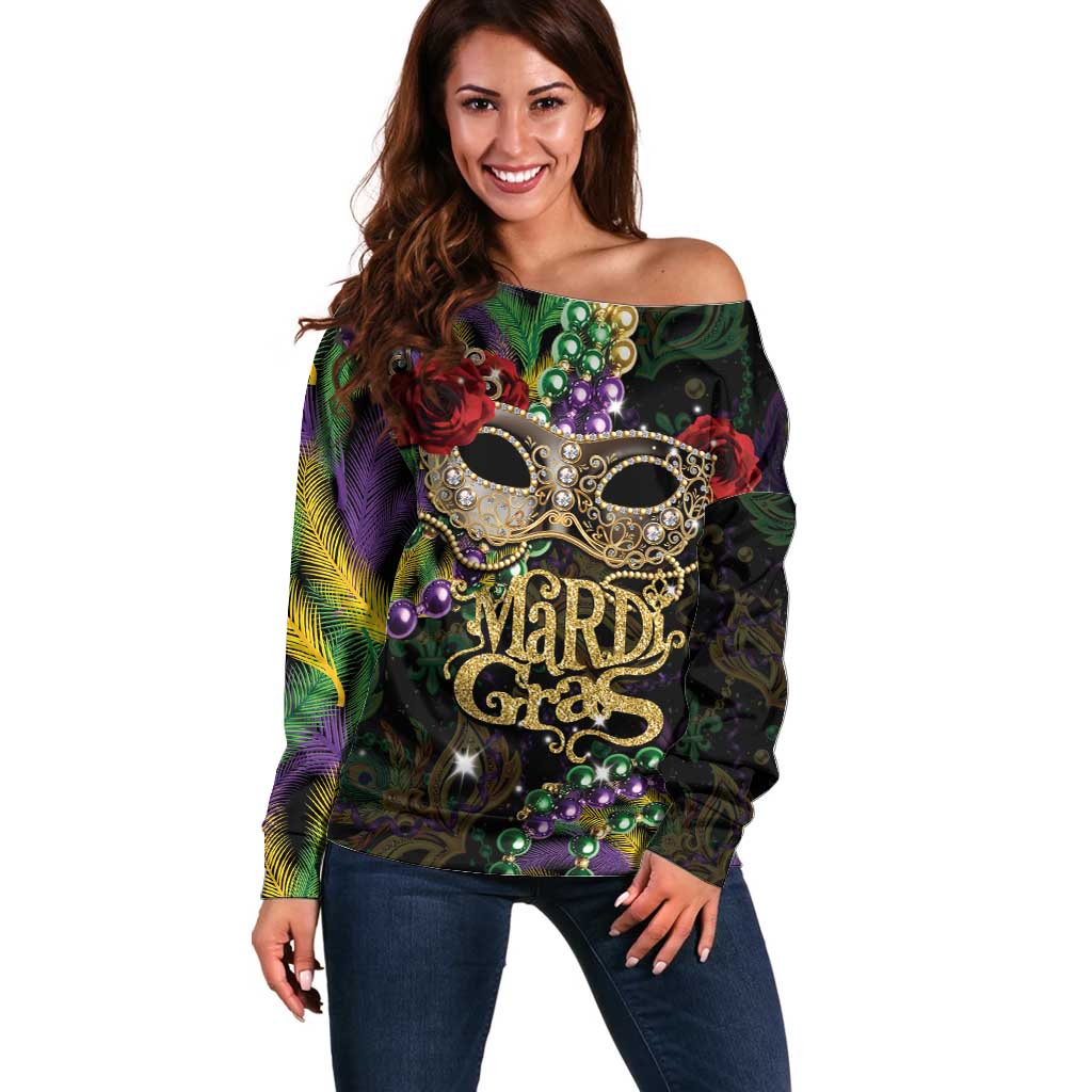Mardi Gras 2025 Off Shoulder Sweater Beadeds With Gorgeous Mask - Wonder Print Shop