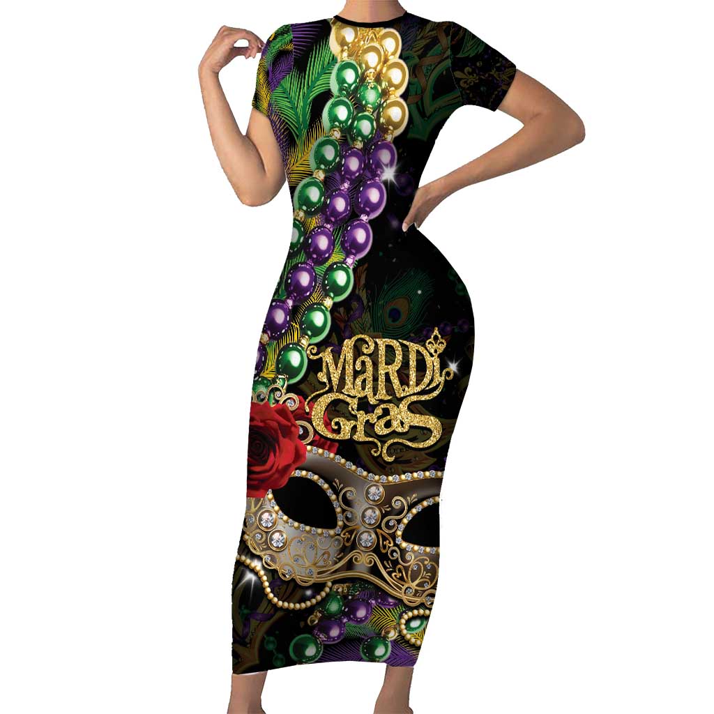 Mardi Gras 2025 Short Sleeve Bodycon Dress Beadeds With Gorgeous Mask - Wonder Print Shop