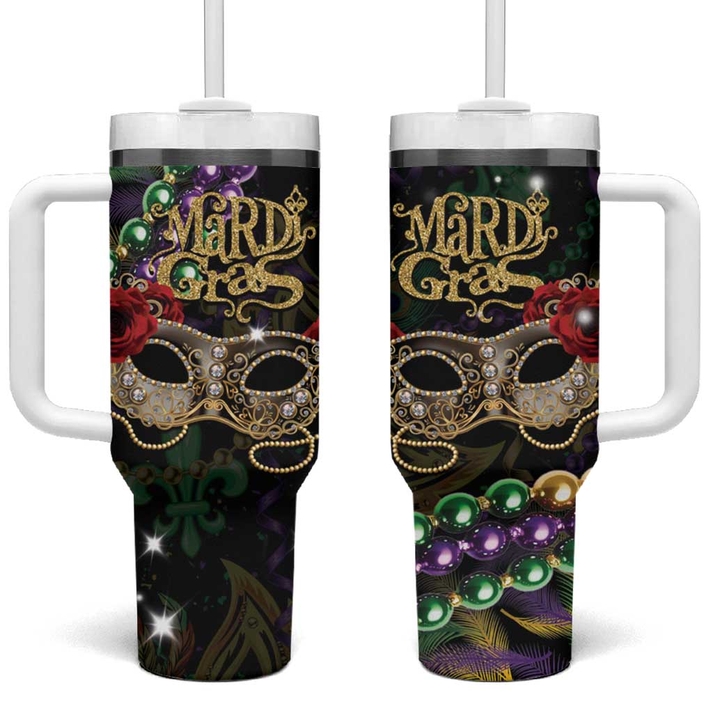Mardi Gras 2025 Tumbler With Handle Beadeds With Gorgeous Mask - Wonder Print Shop