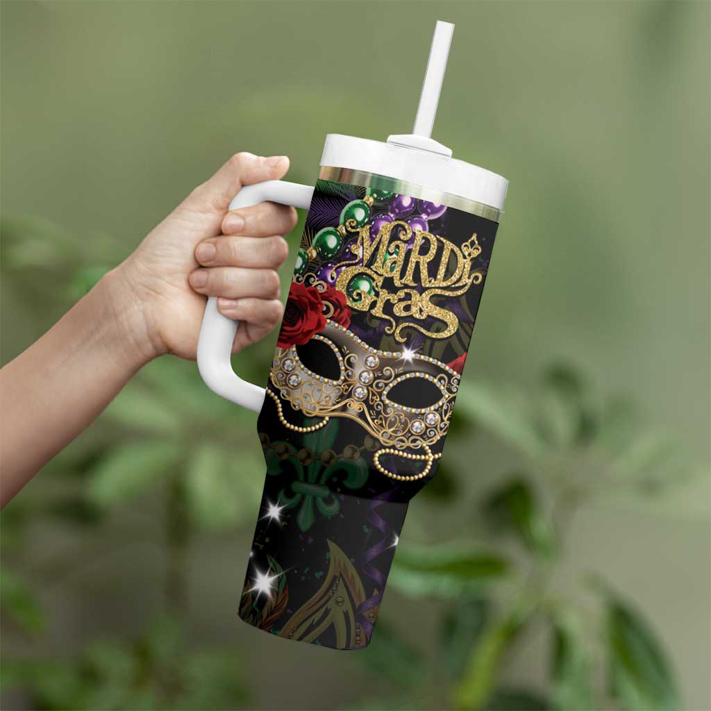 Mardi Gras 2025 Tumbler With Handle Beadeds With Gorgeous Mask - Wonder Print Shop