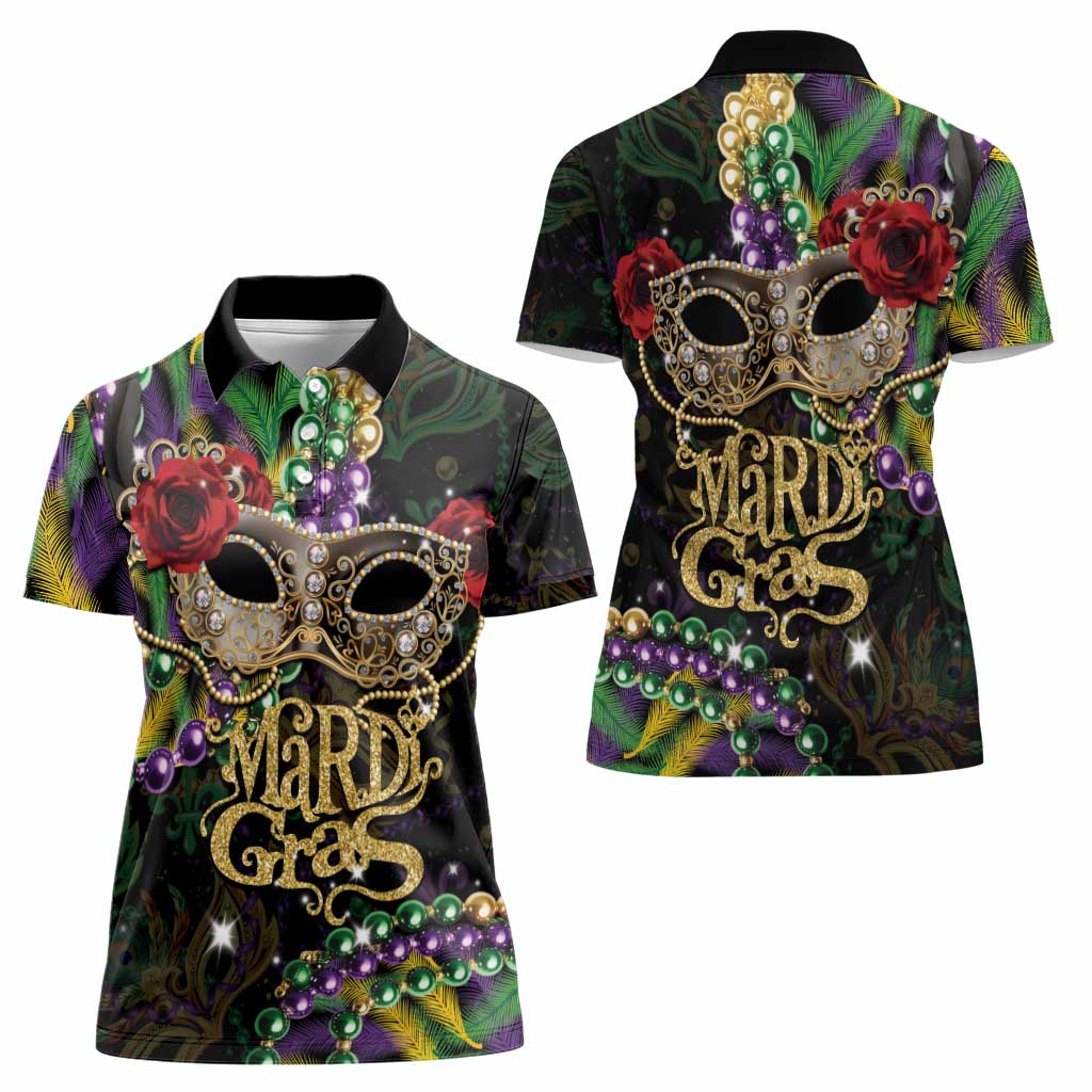 Mardi Gras 2025 Women Polo Shirt Beadeds With Gorgeous Mask - Wonder Print Shop