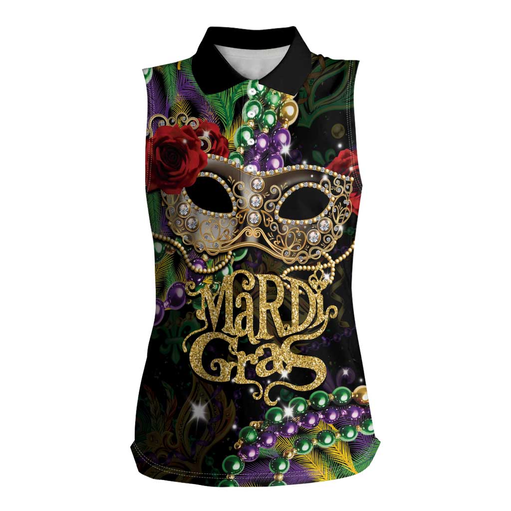 Mardi Gras 2025 Women Sleeveless Polo Shirt Beadeds With Gorgeous Mask - Wonder Print Shop