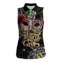 Mardi Gras 2025 Women Sleeveless Polo Shirt Beadeds With Gorgeous Mask - Wonder Print Shop