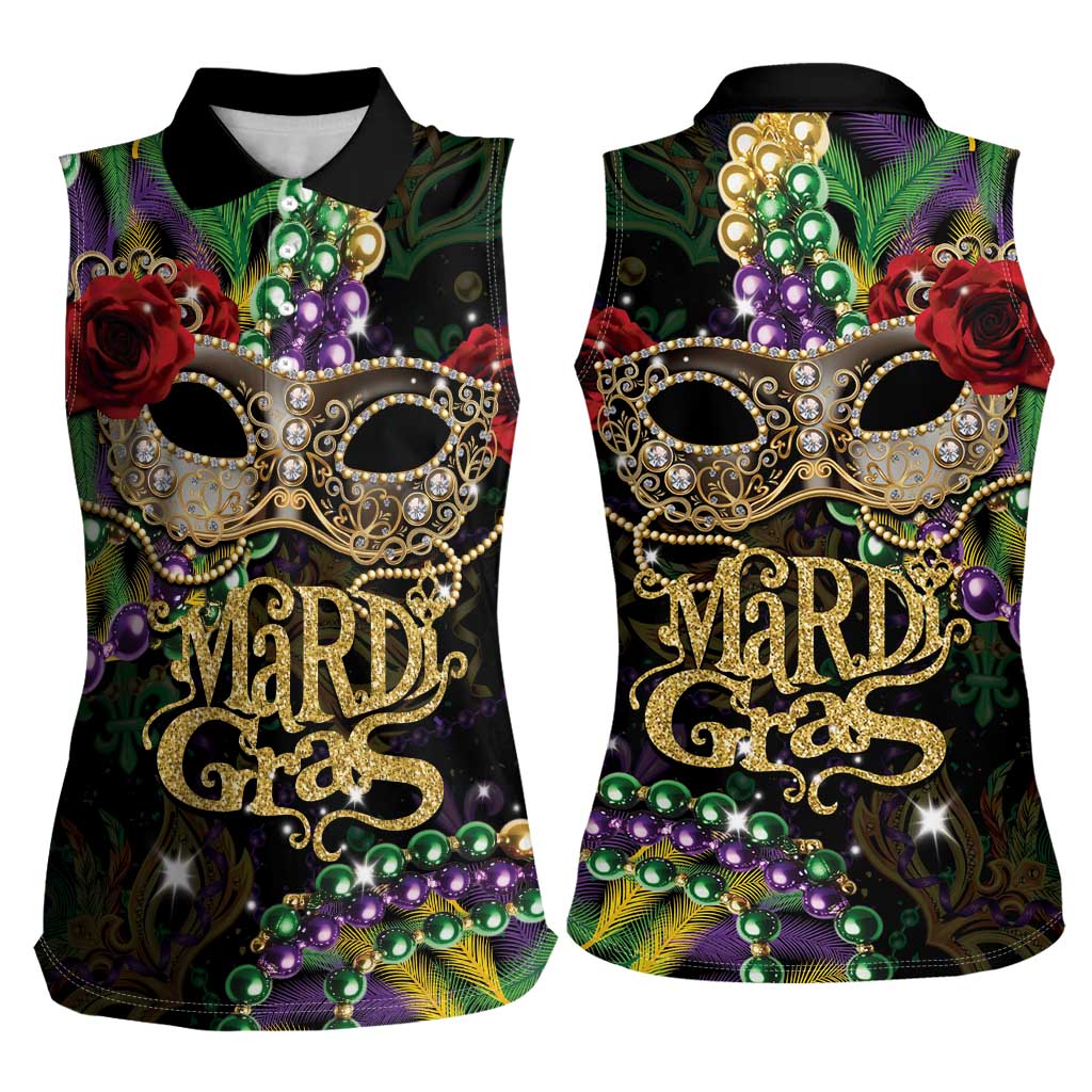Mardi Gras 2025 Women Sleeveless Polo Shirt Beadeds With Gorgeous Mask - Wonder Print Shop