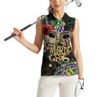 Mardi Gras 2025 Women Sleeveless Polo Shirt Beadeds With Gorgeous Mask - Wonder Print Shop