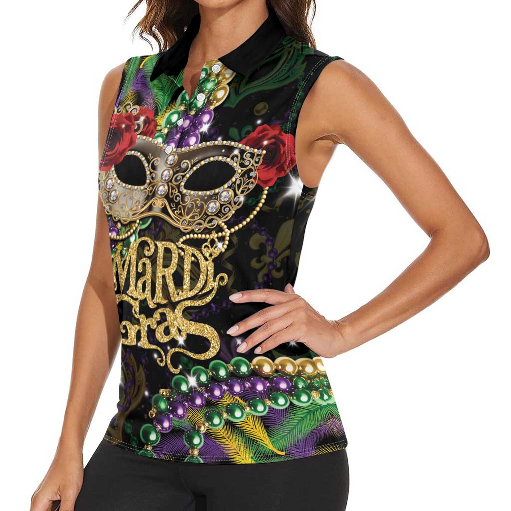 Mardi Gras 2025 Women Sleeveless Polo Shirt Beadeds With Gorgeous Mask - Wonder Print Shop