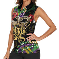 Mardi Gras 2025 Women Sleeveless Polo Shirt Beadeds With Gorgeous Mask - Wonder Print Shop