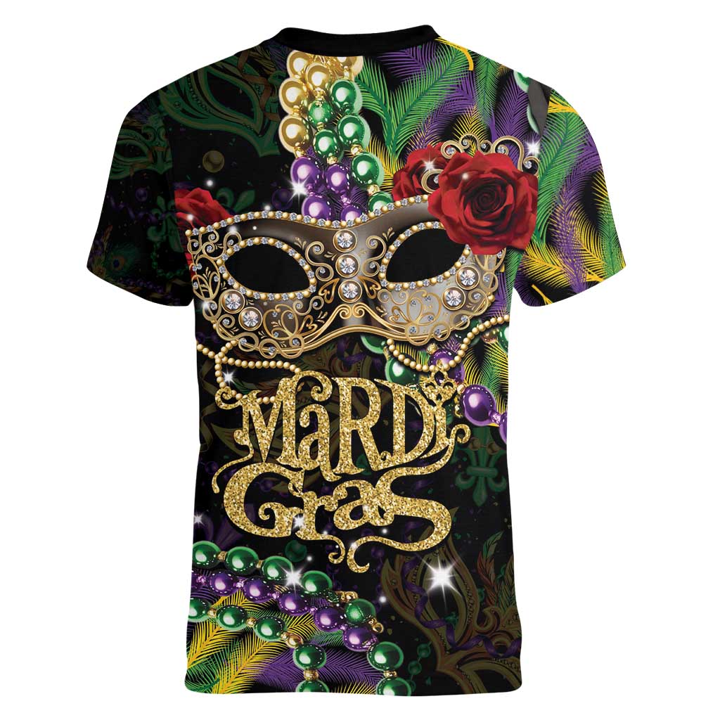 Mardi Gras 2025 Women V-Neck T-Shirt Beadeds With Gorgeous Mask - Wonder Print Shop