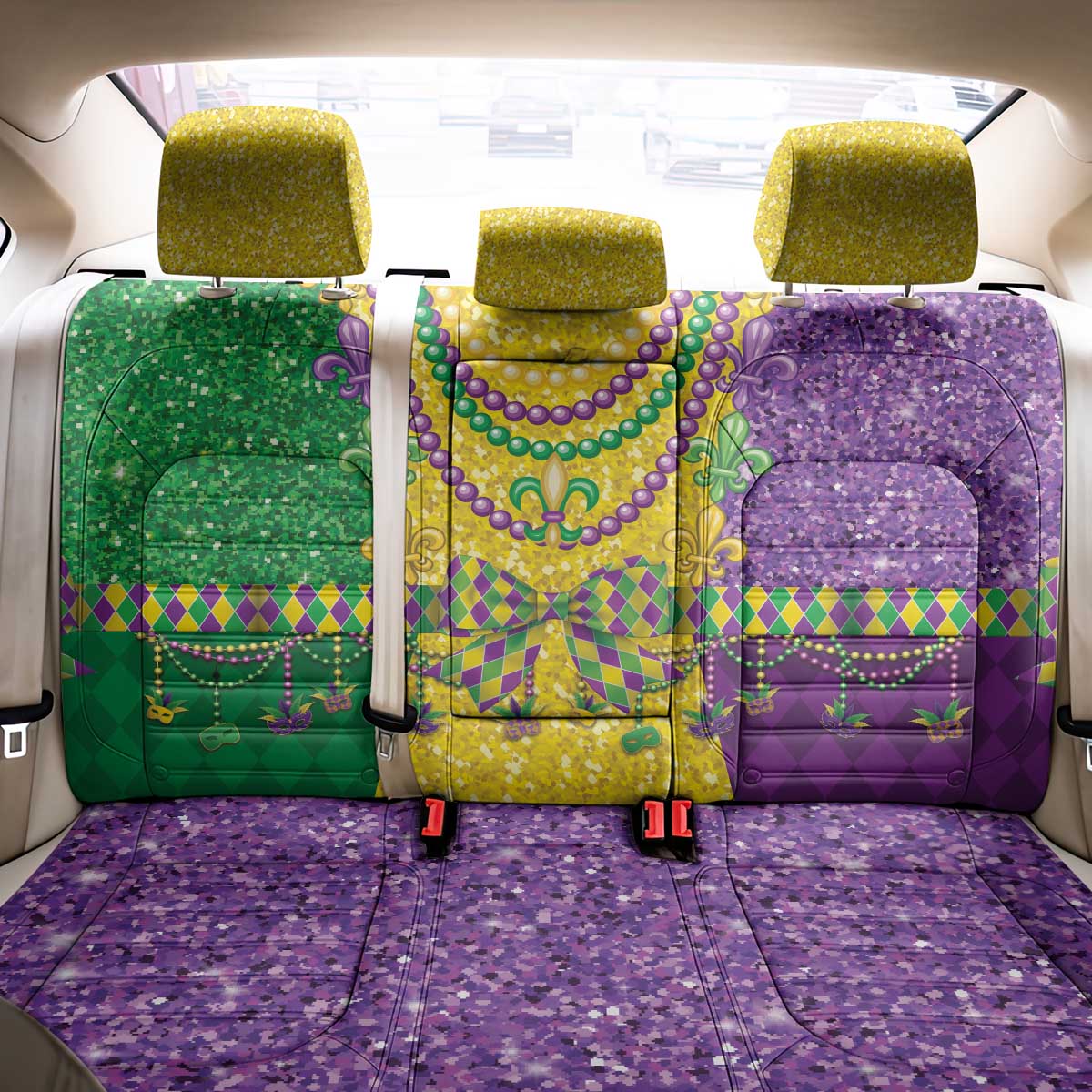 Mardi Gras Back Car Seat Cover Beadeds Necklace With Fleur De Lis - Wonder Print Shop