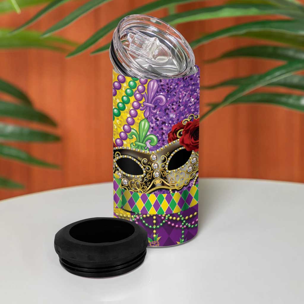 Mardi Gras 4 in 1 Can Cooler Tumbler Beadeds Necklace With Fleur De Lis - Wonder Print Shop