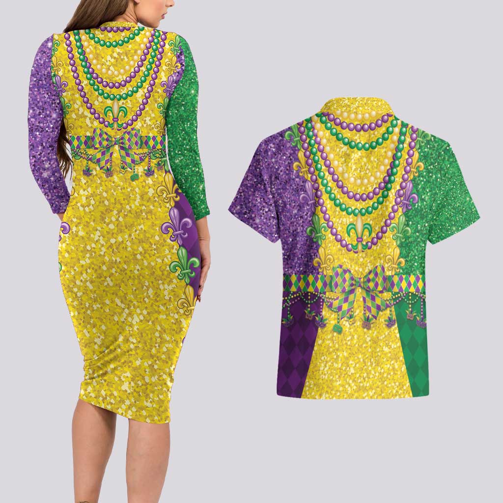 Mardi Gras Couples Matching Long Sleeve Bodycon Dress and Hawaiian Shirt Beadeds Necklace With Fleur De Lis - Wonder Print Shop