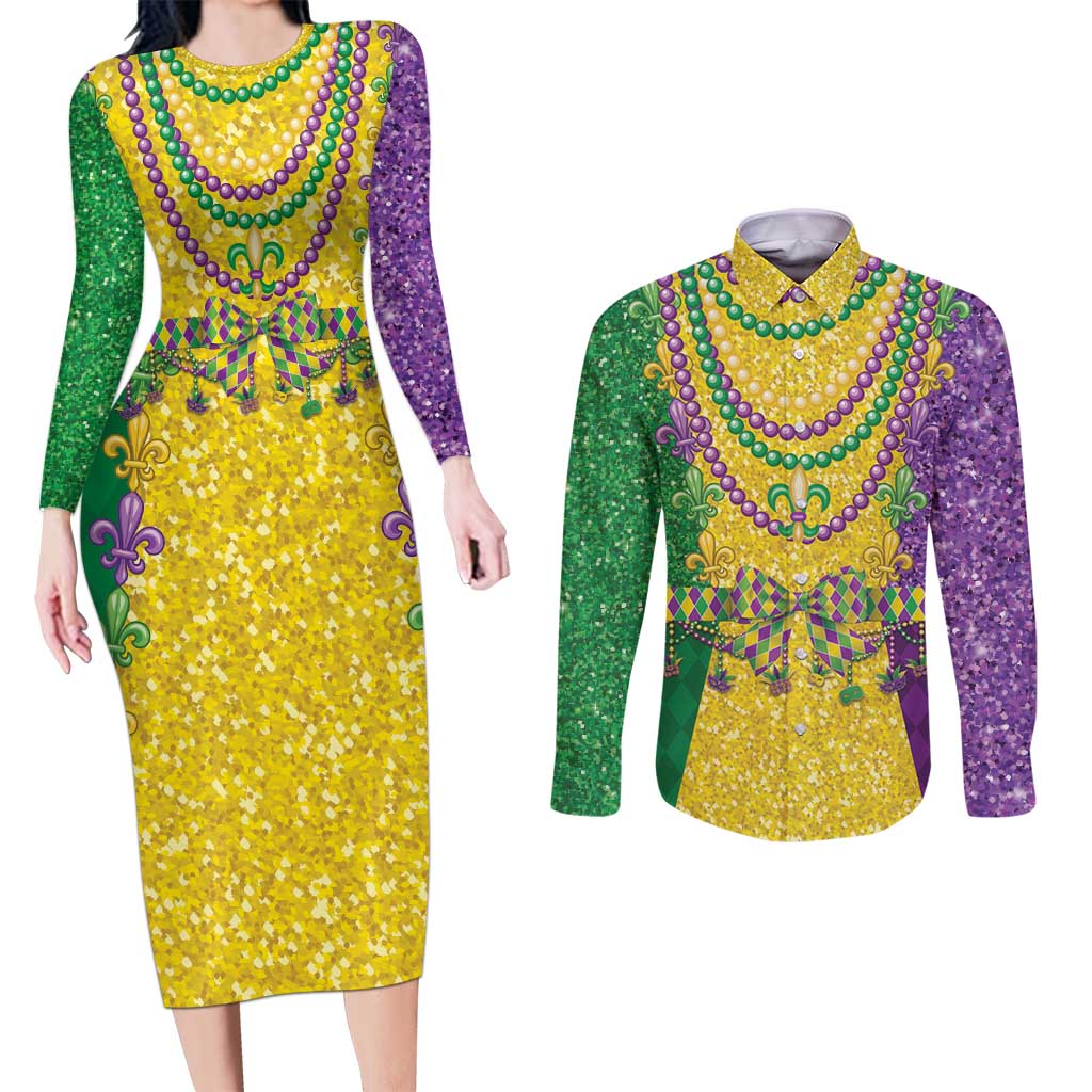 Mardi Gras Couples Matching Long Sleeve Bodycon Dress and Long Sleeve Button Shirt Beadeds Necklace With Fleur De Lis - Wonder Print Shop
