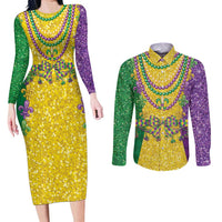 Mardi Gras Couples Matching Long Sleeve Bodycon Dress and Long Sleeve Button Shirt Beadeds Necklace With Fleur De Lis - Wonder Print Shop