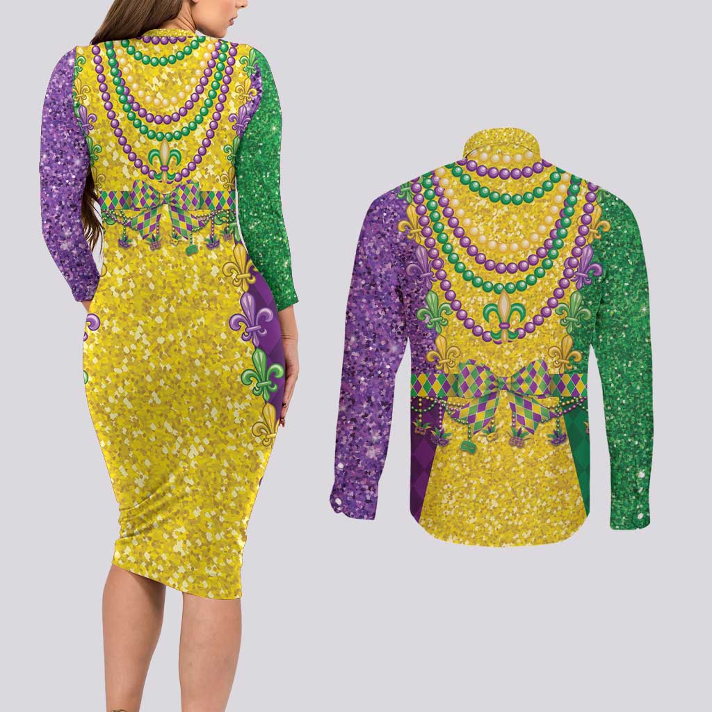 Mardi Gras Couples Matching Long Sleeve Bodycon Dress and Long Sleeve Button Shirt Beadeds Necklace With Fleur De Lis - Wonder Print Shop