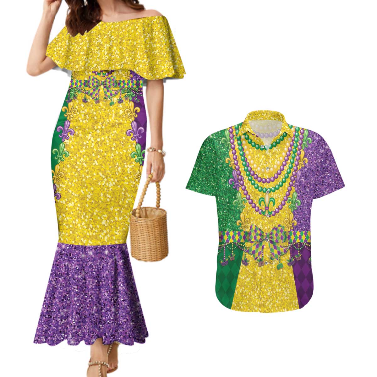 Mardi Gras Couples Matching Mermaid Dress and Hawaiian Shirt Beadeds Necklace With Fleur De Lis - Wonder Print Shop
