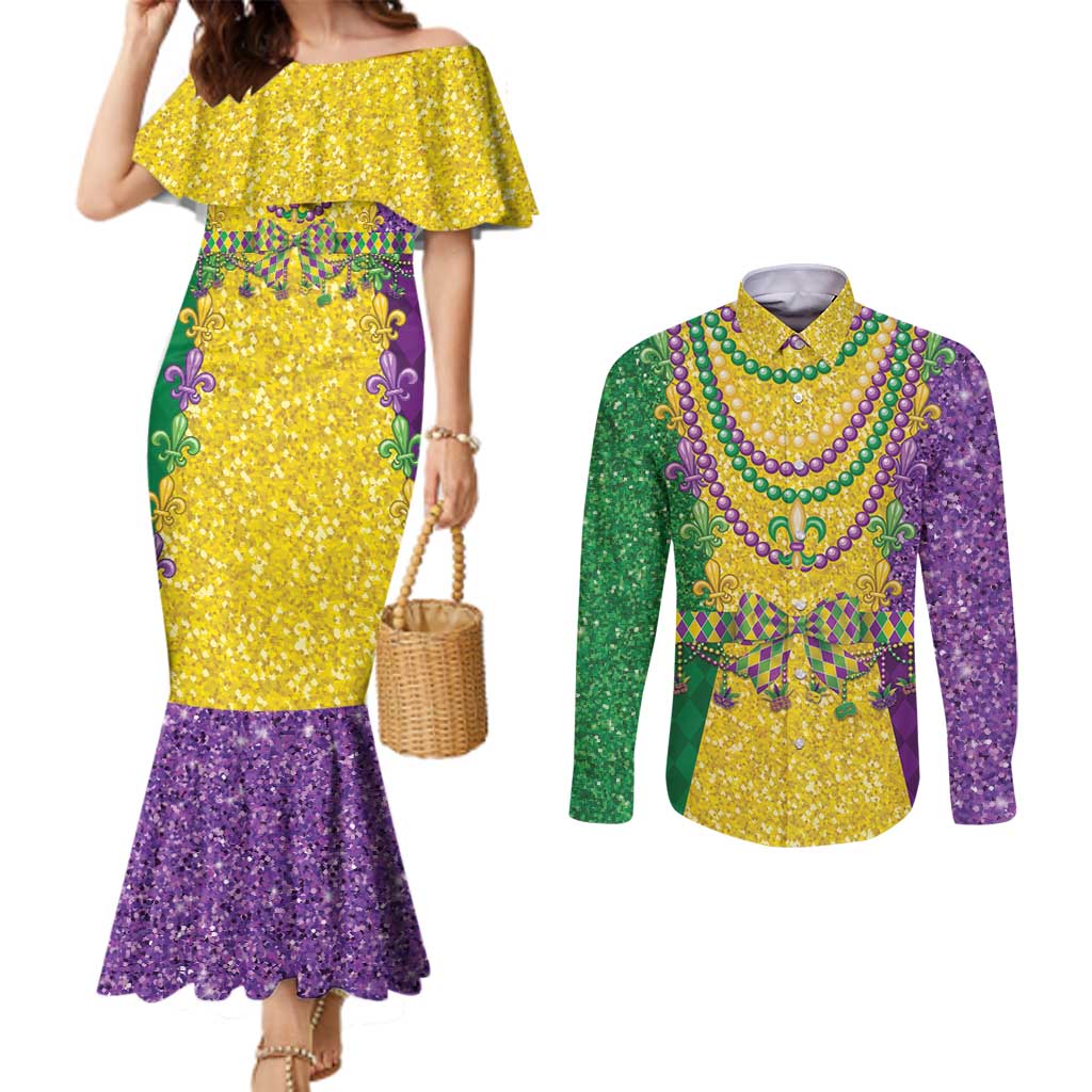 Mardi Gras Couples Matching Mermaid Dress and Long Sleeve Button Shirt Beadeds Necklace With Fleur De Lis