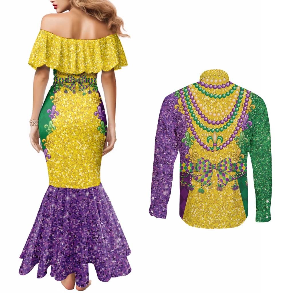 Mardi Gras Couples Matching Mermaid Dress and Long Sleeve Button Shirt Beadeds Necklace With Fleur De Lis