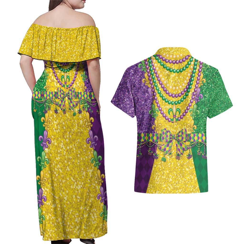Mardi Gras Couples Matching Off Shoulder Maxi Dress and Hawaiian Shirt Beadeds Necklace With Fleur De Lis - Wonder Print Shop