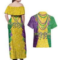 Mardi Gras Couples Matching Off Shoulder Maxi Dress and Hawaiian Shirt Beadeds Necklace With Fleur De Lis - Wonder Print Shop