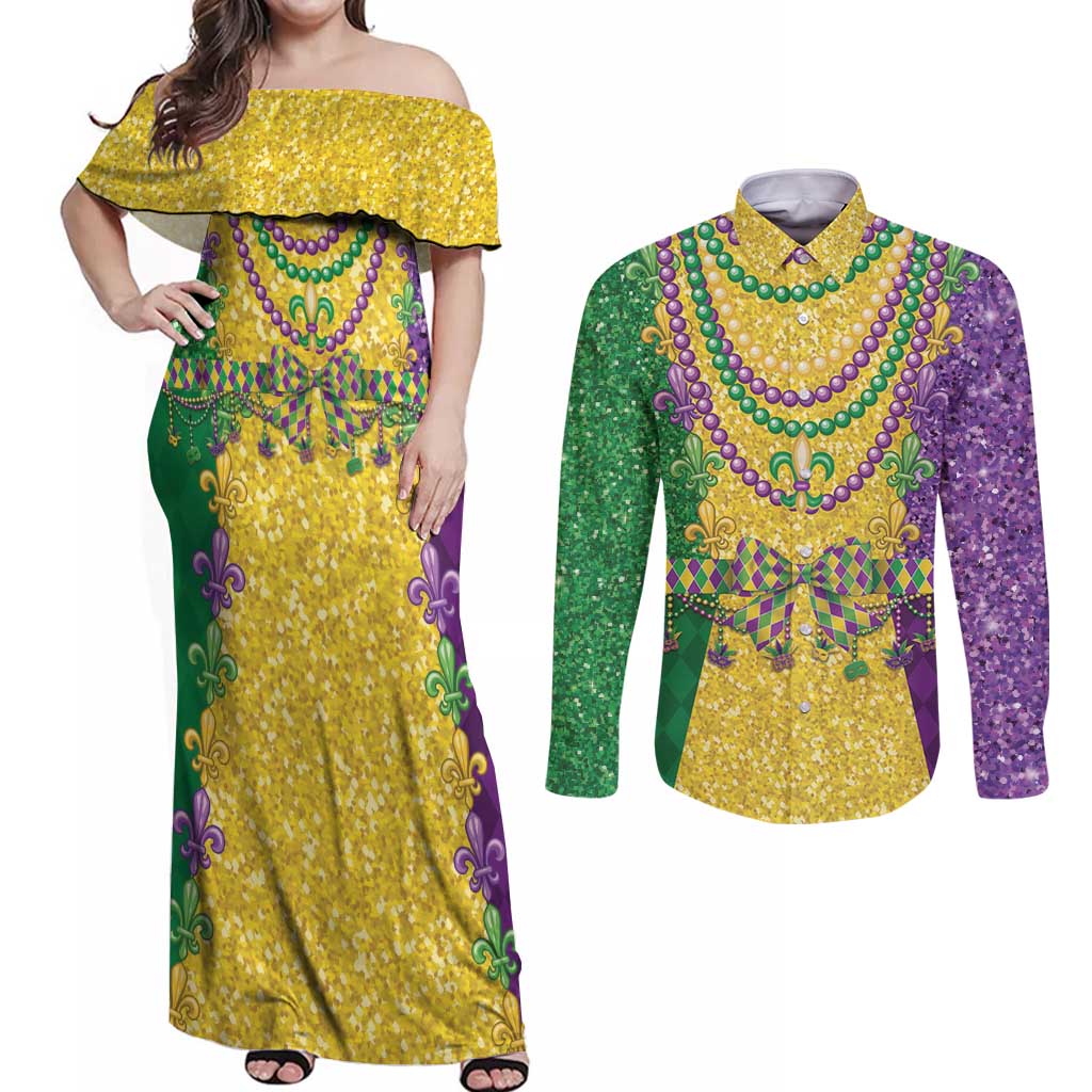 Mardi Gras Couples Matching Off Shoulder Maxi Dress and Long Sleeve Button Shirt Beadeds Necklace With Fleur De Lis - Wonder Print Shop