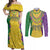 Mardi Gras Couples Matching Off Shoulder Maxi Dress and Long Sleeve Button Shirt Beadeds Necklace With Fleur De Lis - Wonder Print Shop