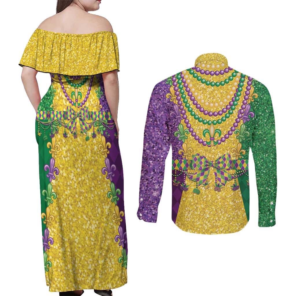 Mardi Gras Couples Matching Off Shoulder Maxi Dress and Long Sleeve Button Shirt Beadeds Necklace With Fleur De Lis - Wonder Print Shop