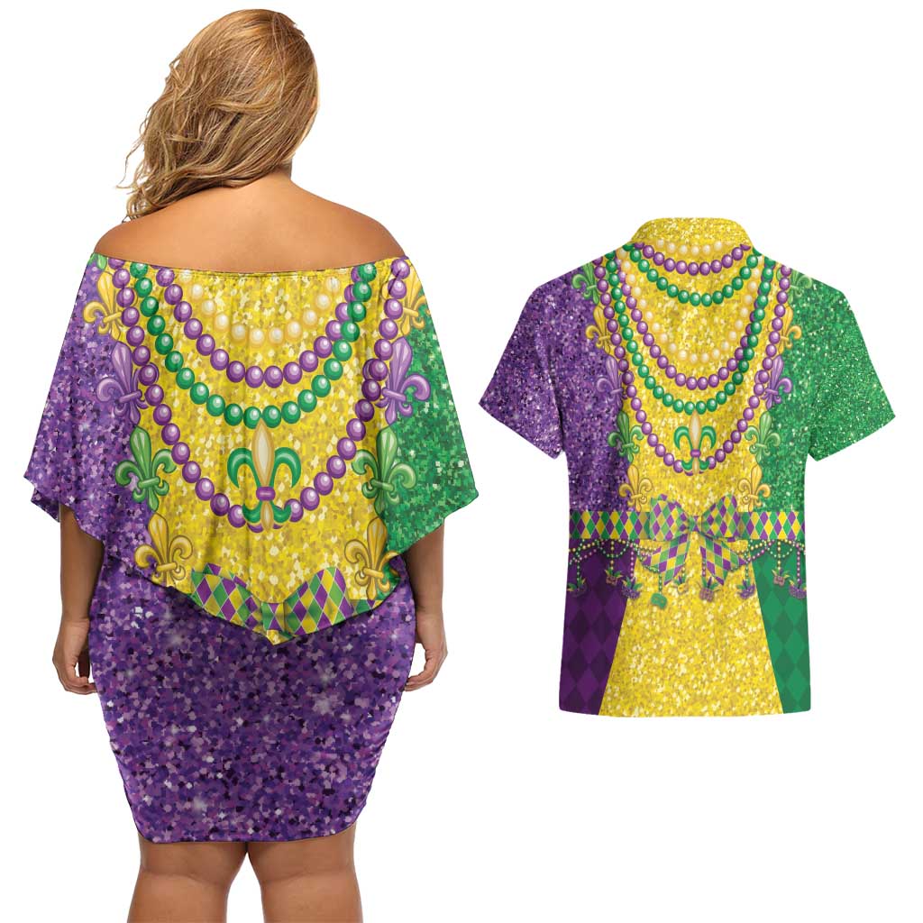 Mardi Gras Couples Matching Off Shoulder Short Dress and Hawaiian Shirt Beadeds Necklace With Fleur De Lis - Wonder Print Shop