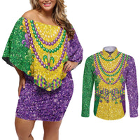 Mardi Gras Couples Matching Off Shoulder Short Dress and Long Sleeve Button Shirt Beadeds Necklace With Fleur De Lis - Wonder Print Shop