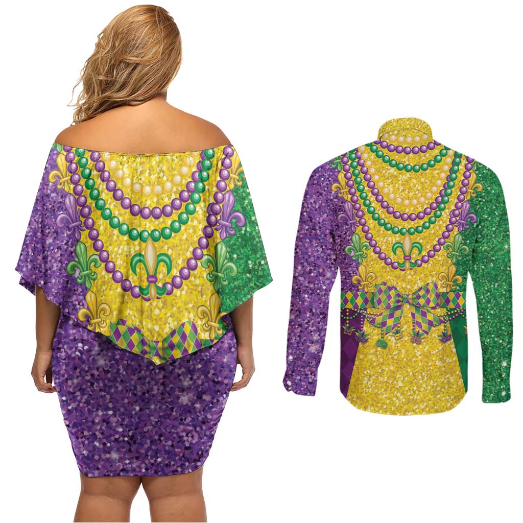Mardi Gras Couples Matching Off Shoulder Short Dress and Long Sleeve Button Shirt Beadeds Necklace With Fleur De Lis - Wonder Print Shop