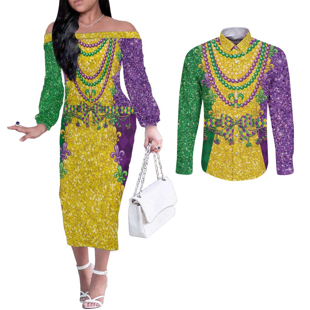 Mardi Gras Couples Matching Off The Shoulder Long Sleeve Dress and Long Sleeve Button Shirt Beadeds Necklace With Fleur De Lis