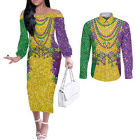 Mardi Gras Couples Matching Off The Shoulder Long Sleeve Dress and Long Sleeve Button Shirt Beadeds Necklace With Fleur De Lis
